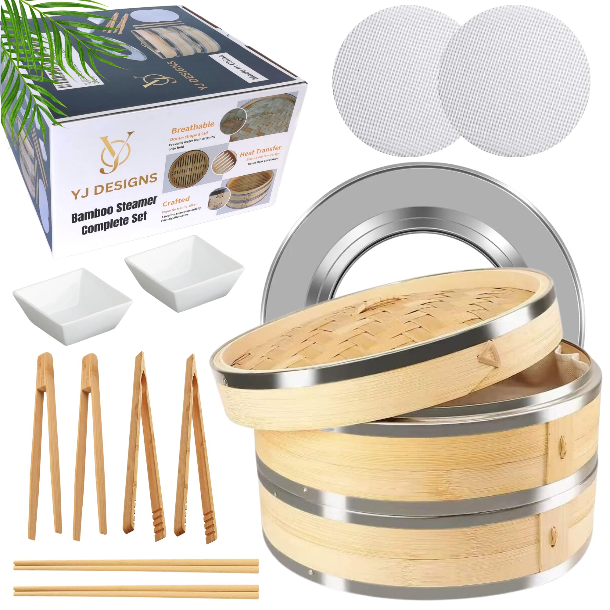 YJ DESIGNS 12 Pcs Stainless Steel Bamboo Steamer Basket Complete Kit- 10 inch (2 Tiers) - Dumpling Steamer Veggie Bamboo basket - Vegetable Food Steamer for Cooking - Rice steamer - Steam Pot Basket