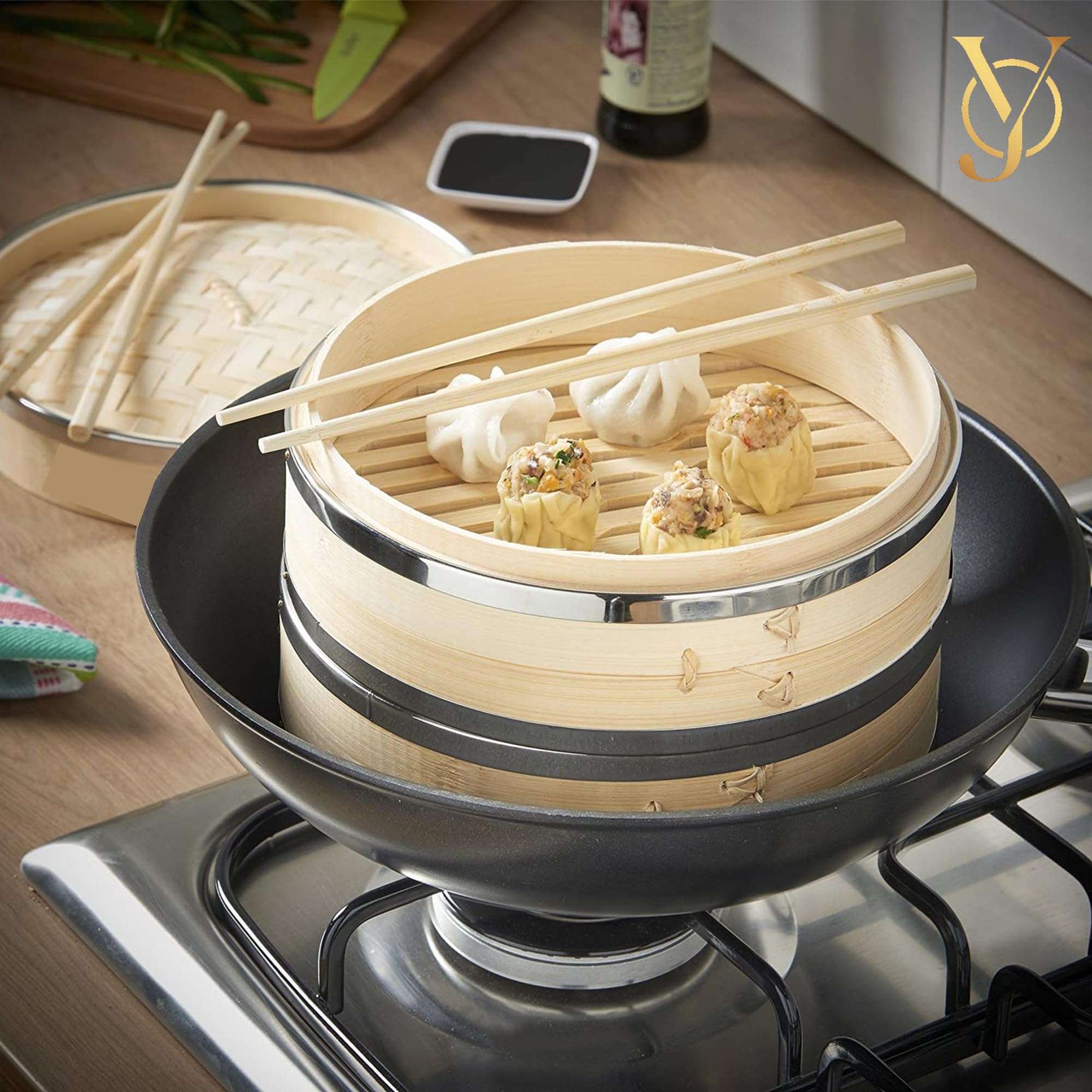 YJ DESIGNS 12 Pcs Stainless Steel Bamboo Steamer Basket Complete Kit- 10 inch (2 Tiers) - Dumpling Steamer Veggie Bamboo basket - Vegetable Food Steamer for Cooking - Rice steamer - Steam Pot Basket