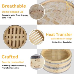 YJ DESIGNS 12 Pcs Stainless Steel Bamboo Steamer Basket Complete Kit- 10 inch (2 Tiers) - Dumpling Steamer Veggie Bamboo basket - Vegetable Food Steamer for Cooking - Rice steamer - Steam Pot Basket