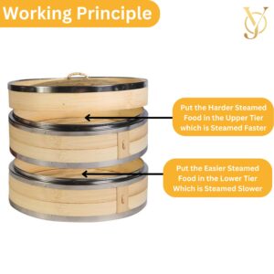 YJ DESIGNS 12 Pcs Stainless Steel Bamboo Steamer Basket Complete Kit- 10 inch (2 Tiers) - Dumpling Steamer Veggie Bamboo basket - Vegetable Food Steamer for Cooking - Rice steamer - Steam Pot Basket