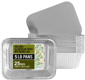 party bargains 5 lb. aluminum foil pans with lids - 25 count set with board lids, 9 x 7 inches oblong pan food container for hot and cold use (max 240°c)