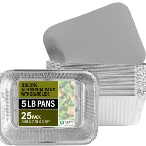 PARTY BARGAINS 5 Lb. Aluminum Foil Pans with Lids - 25 Count Set with Board Lids, 9 x 7 Inches Oblong Pan Food Container for Hot and Cold Use (Max 240°C)