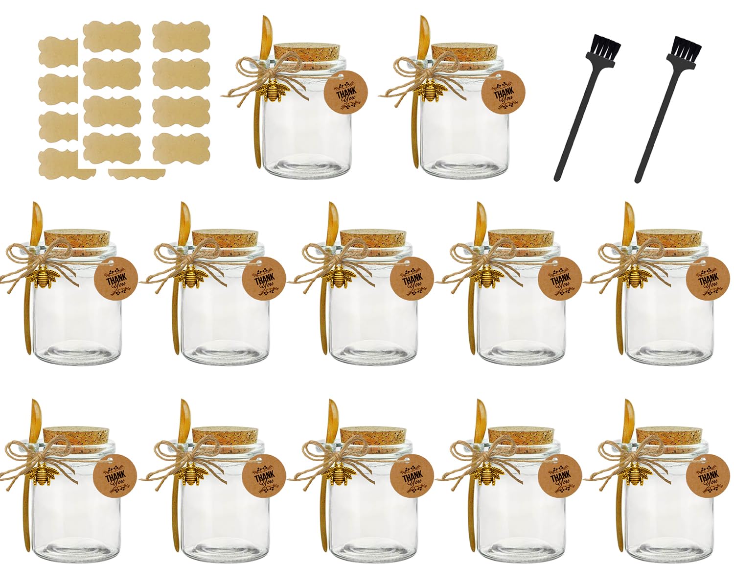 Ahhute Glass Storage Honey Jars with Cork Lids, Bamboo Spoons,Brush and Lables - Glass Canning Jars for Bath Sea Salt, Spices, Teas, Candy, Candle Making,Diy and Art,Dishwaresafe,12 Pack, 250ml/8oz