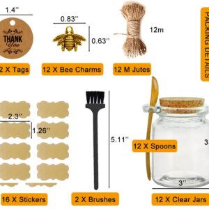 Ahhute Glass Storage Honey Jars with Cork Lids, Bamboo Spoons,Brush and Lables - Glass Canning Jars for Bath Sea Salt, Spices, Teas, Candy, Candle Making,Diy and Art,Dishwaresafe,12 Pack, 250ml/8oz