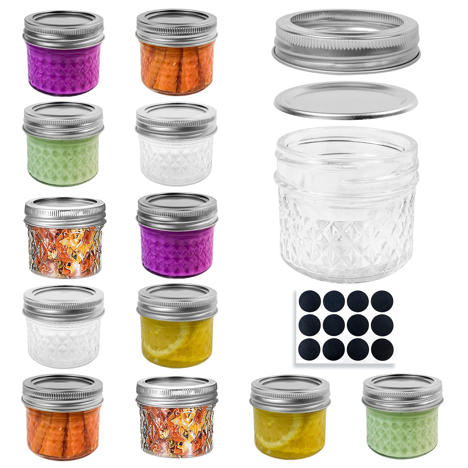 SRNRUS Small Mason Jars 4 oz with Lids and Bands, 12 Pack Regular Mouth Mason Jar Mini Glass Canning Jars for Jelly, Jam, Honey, Wedding Favors, Shower Favors and Home Decor (4 ounce)