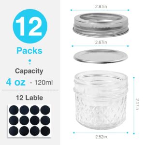 SRNRUS Small Mason Jars 4 oz with Lids and Bands, 12 Pack Regular Mouth Mason Jar Mini Glass Canning Jars for Jelly, Jam, Honey, Wedding Favors, Shower Favors and Home Decor (4 ounce)