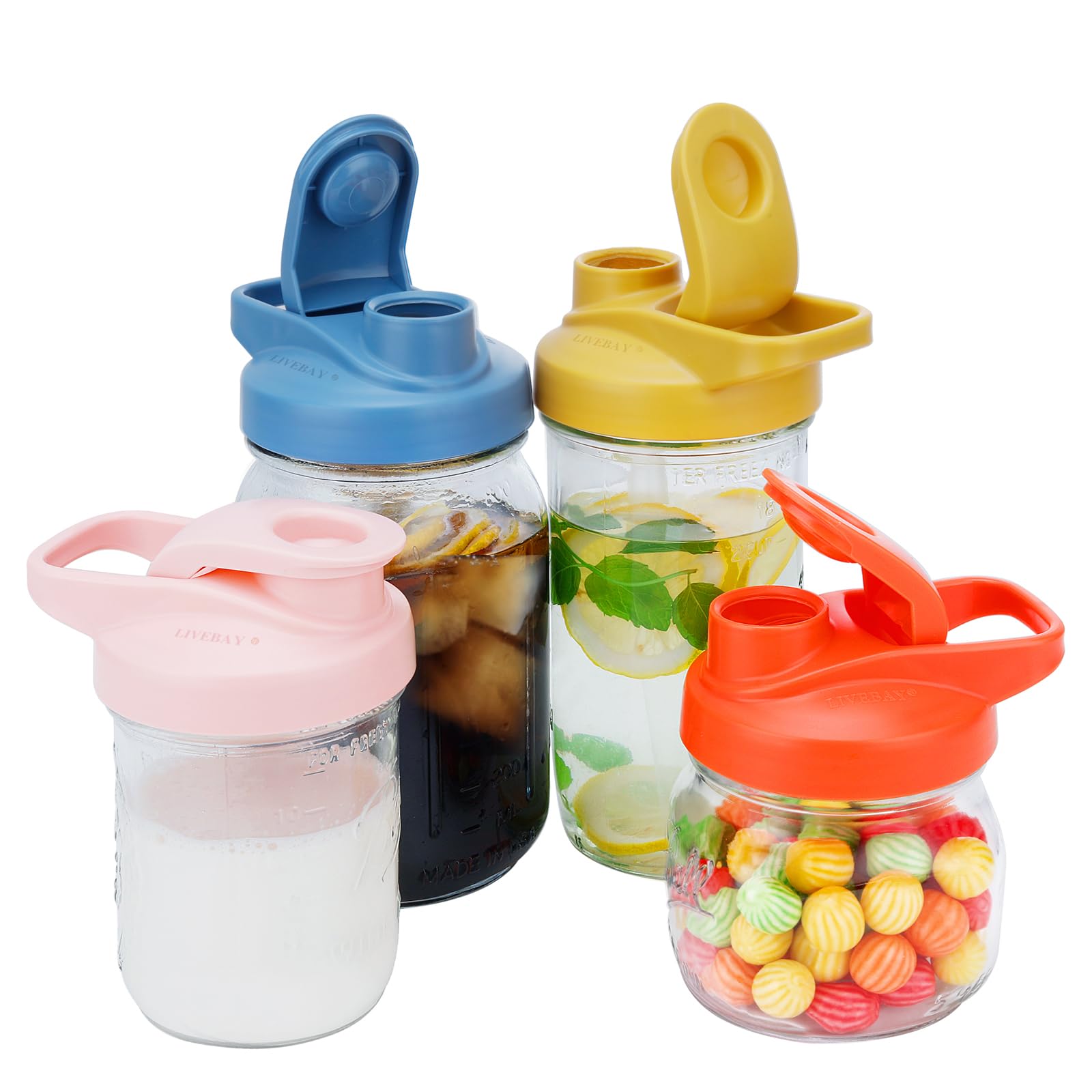 LIVEBAY Mason Jar Flip Cap Lid with Airtight, Leak-Proof Seal and Easy Pour Spout Wide Mouth 4 Colors (Jar Not Included)