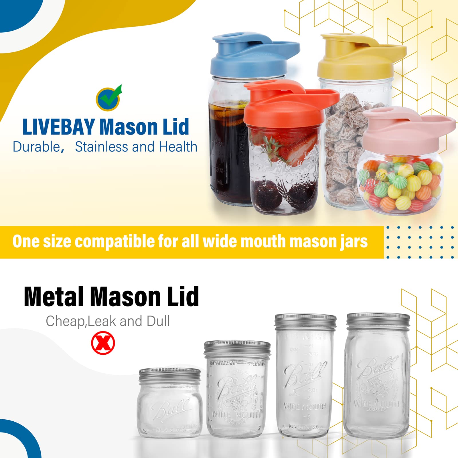 LIVEBAY Mason Jar Flip Cap Lid with Airtight, Leak-Proof Seal and Easy Pour Spout Wide Mouth 4 Colors (Jar Not Included)