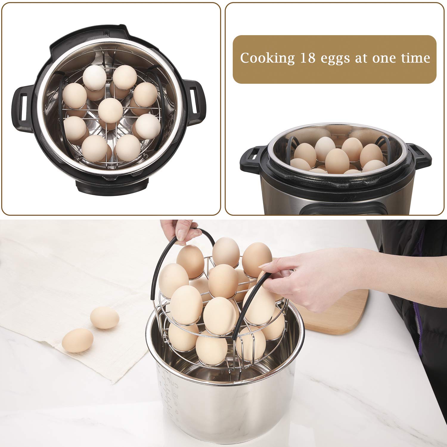 Aozita Multipurpose Stackable Egg Steamer Rack Trivet with Heat Resistant Silicone Handles Compatible for Instant Pot Accessories 6 Qt/8 Qt - 18 Egg Cooking Rack for Pressure Cooker Accessories