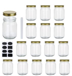 encheng 16 oz glass jars with lids,wide mouth ball mason jars for storage,canning jars for pickles,herb,jelly,jams,honey,dishware safe,set of 15