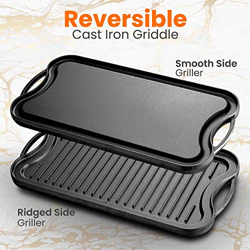 NutriChef Reversible Plate-PFOA & PFOS Free Oven Safe Flat Cast Iron Skillet Griddle Grilling Pan w/Scraper for Electric Stovetop, Ceramic NCCIRG64, BLACK