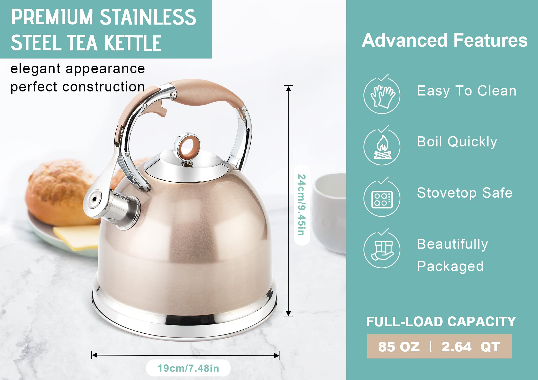 HIHUOS Tea Kettle for Stovetop, 3 Quart Loud Whistling Teapot with Cool Grip Ergonomic Handle Food Grade Stainless Steel Teakettle for Tea, Coffee (Black)