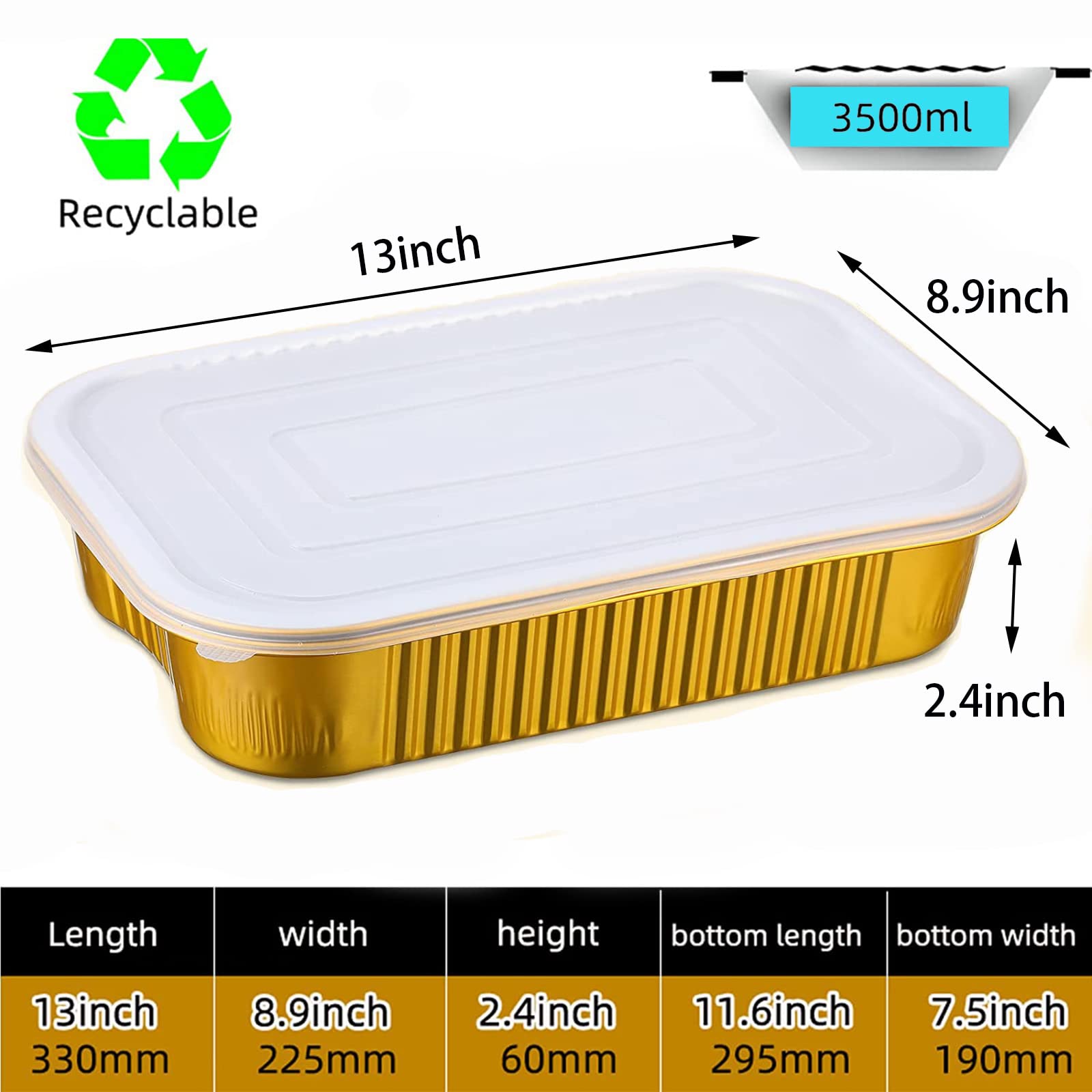 SuiXinCook Gold Aluminum Foil Baking Pan with lids Heavy Duty 9"×13"(10pack+10Lids), Double thickening, Disposable cake pans,Microwave oven safetyle. for Cooking,，Heating,Storage, BBQ