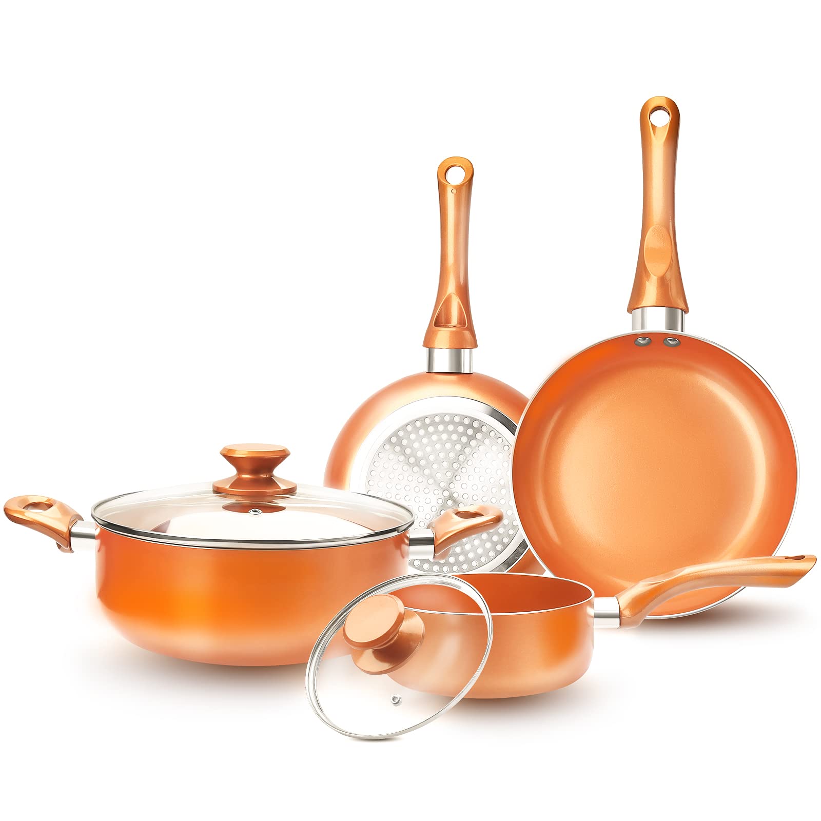 FRUITEAM 6-piece Nonstick Kitchen Cookware Set, Ceramic Coating Cooking Stock / Milk Pot/Frying Pans, Copper Aluminum Pan with Lid, Induction/Gas Kitchenware