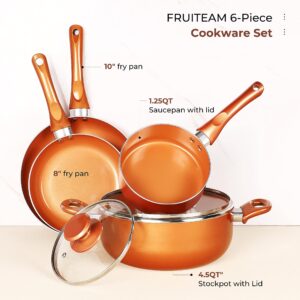 FRUITEAM 6-piece Nonstick Kitchen Cookware Set, Ceramic Coating Cooking Stock / Milk Pot/Frying Pans, Copper Aluminum Pan with Lid, Induction/Gas Kitchenware