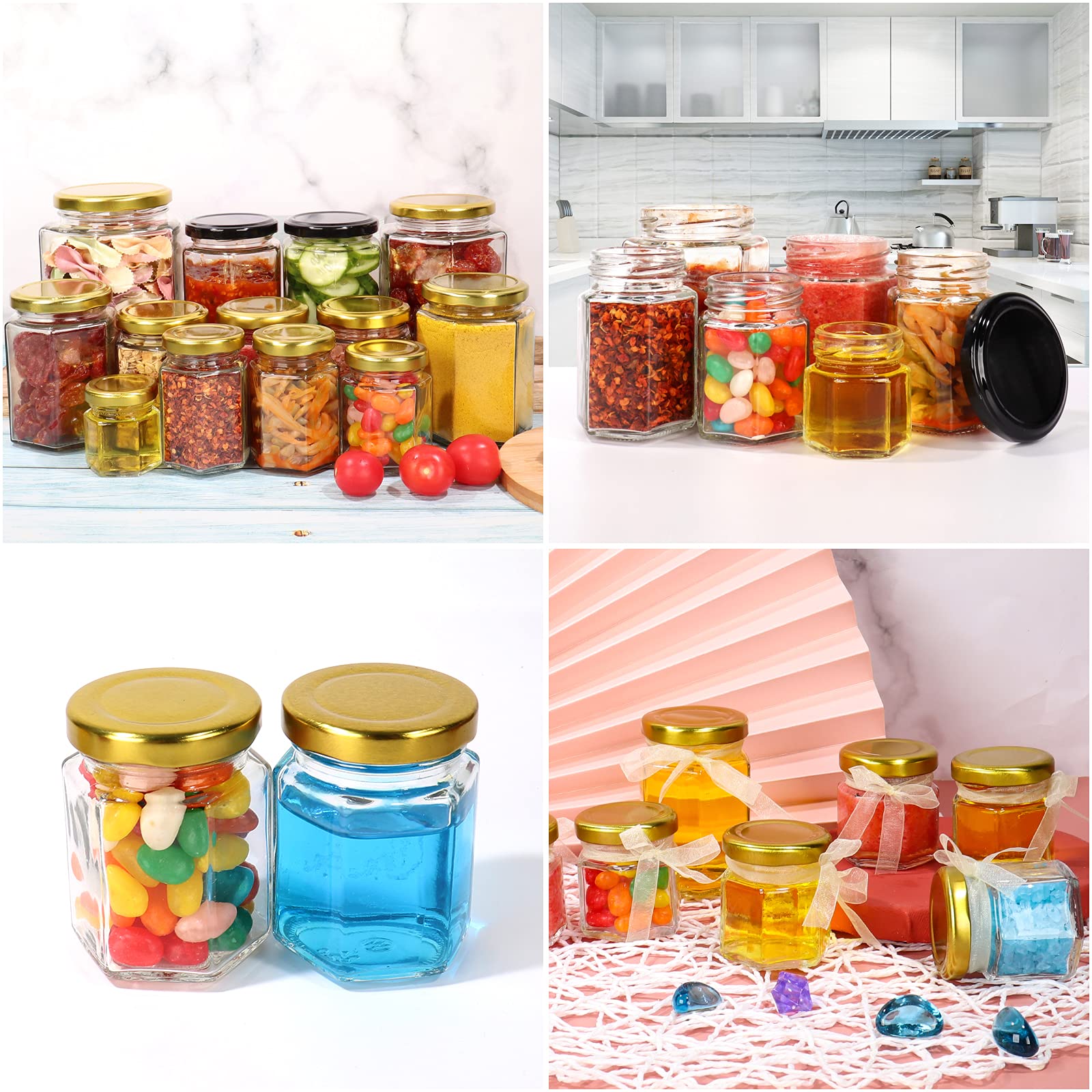 BIGIVACA 3 oz Hexagon Glass Jars with Golden Lids.Set of 30 Pack 90 ml Canning Jars Containers for Spice Jam,Jelly, Wedding Favors, Honey And More.Include 1 Chalk Pen and 80 Labels.