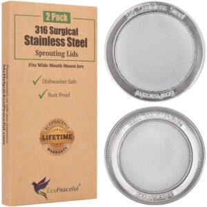 2 pack mason jar sprouting lids - 316 surgical stainless steel sprouting lids for wide mouth mason jars - screen mesh strainer, sprouter kit for alfalfa & broccoli seeds - rust-proof, dishwasher safe