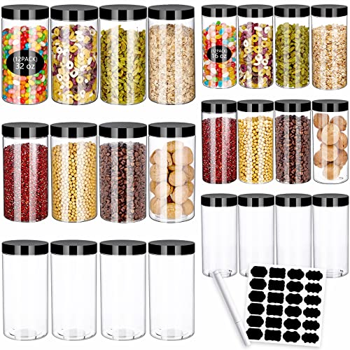 AEGISMILE PLastic jars with lids 32 OZ & 16 OZ 24 pack Clear Storage Jars Containers with Airtight Black Plastic Screw On Lids Cylinder Large Round Jars