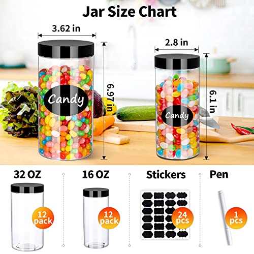 AEGISMILE PLastic jars with lids 32 OZ & 16 OZ 24 pack Clear Storage Jars Containers with Airtight Black Plastic Screw On Lids Cylinder Large Round Jars