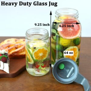 Glass Mason Jar Pitcher 64 Oz (2 Quart) Wide Mouth Jar Pitcher With Pour Spout Water Carafe Half Gallon Jug For Cold Brew Coffee Sun Tea Breast Milk Fridge Drinking Lemonade Airtight & Leakproof