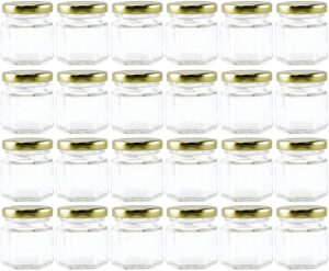 cornucopia mini hexagon glass jars (1.5oz, 48-pack); tiny hex jars with gold lids for spices, gifts, party favors, diy and more, 3-tablespoon capacity