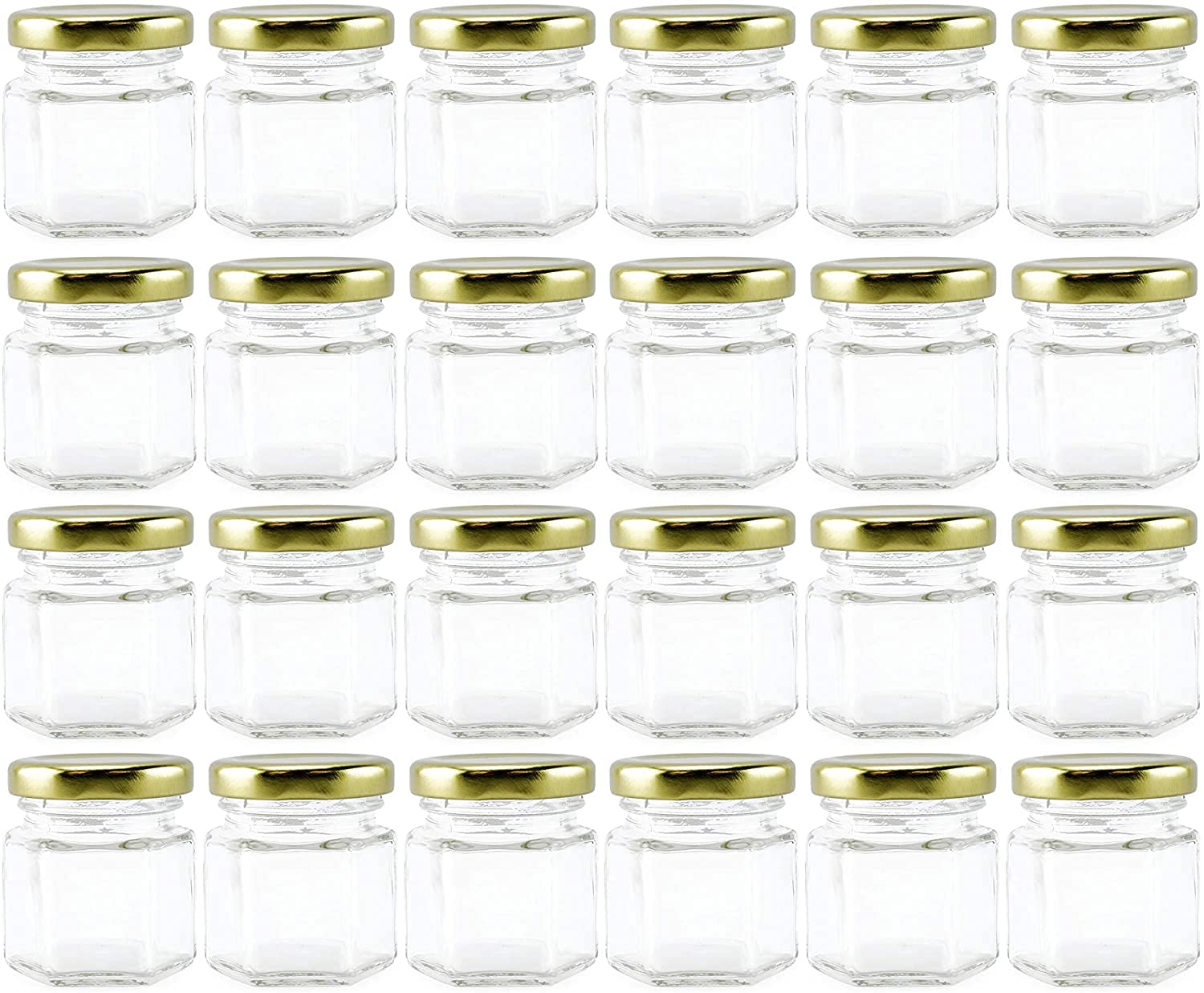 Cornucopia Mini Hexagon Glass Jars (1.5oz, 48-Pack); Tiny Hex Jars with Gold Lids for Spices, Gifts, Party Favors, DIY and More, 3-Tablespoon Capacity