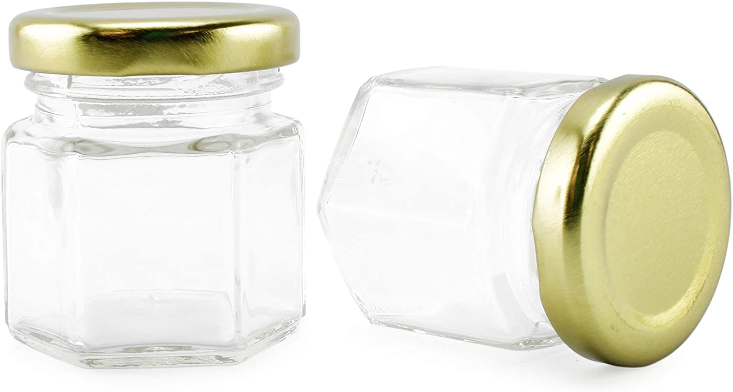 Cornucopia Mini Hexagon Glass Jars (1.5oz, 48-Pack); Tiny Hex Jars with Gold Lids for Spices, Gifts, Party Favors, DIY and More, 3-Tablespoon Capacity