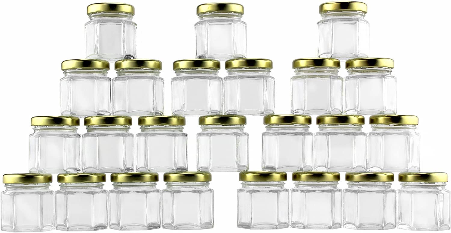 Cornucopia Mini Hexagon Glass Jars (1.5oz, 48-Pack); Tiny Hex Jars with Gold Lids for Spices, Gifts, Party Favors, DIY and More, 3-Tablespoon Capacity