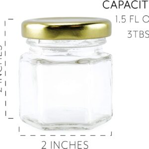 Cornucopia Mini Hexagon Glass Jars (1.5oz, 48-Pack); Tiny Hex Jars with Gold Lids for Spices, Gifts, Party Favors, DIY and More, 3-Tablespoon Capacity