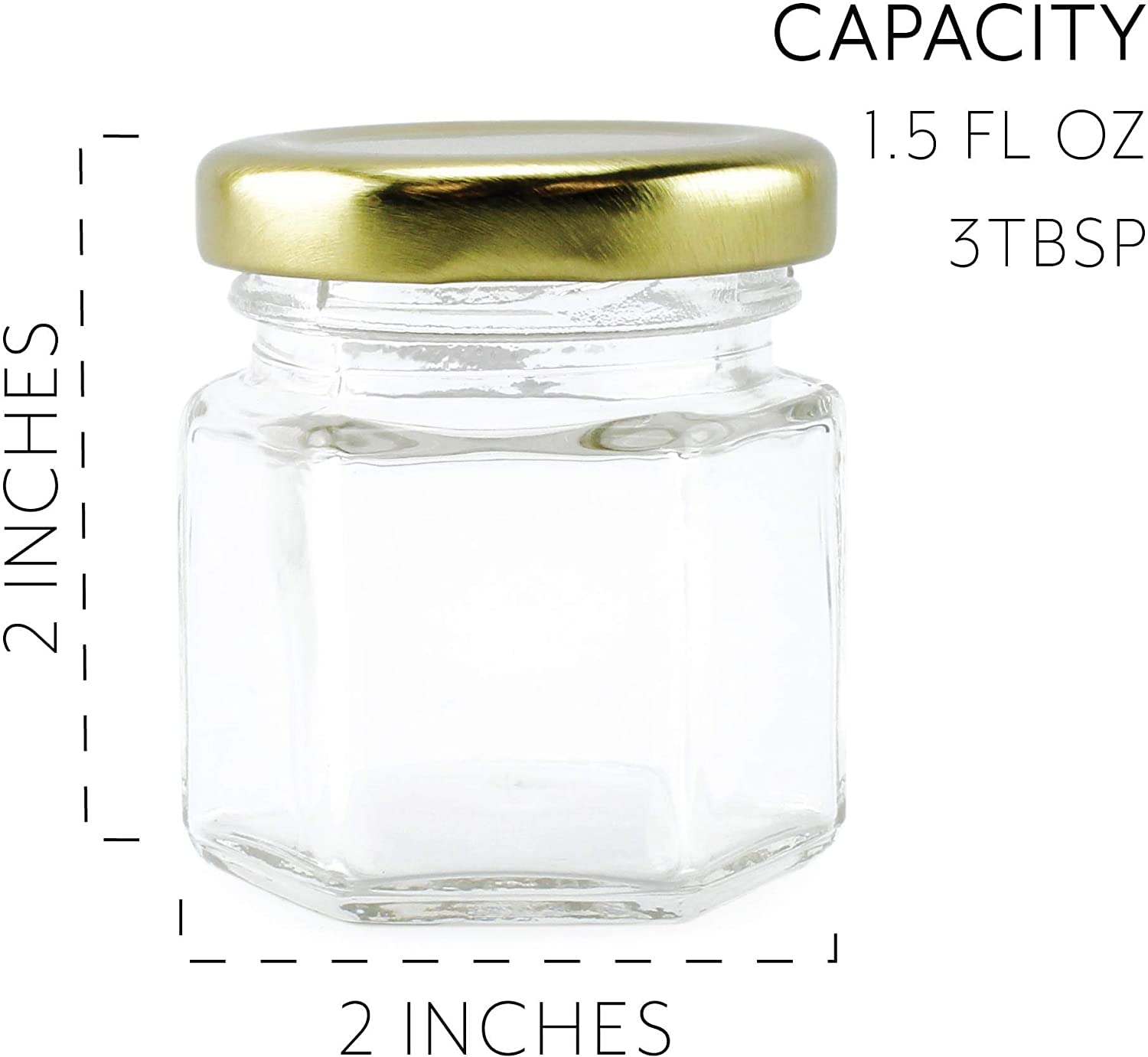 Cornucopia Mini Hexagon Glass Jars (1.5oz, 48-Pack); Tiny Hex Jars with Gold Lids for Spices, Gifts, Party Favors, DIY and More, 3-Tablespoon Capacity