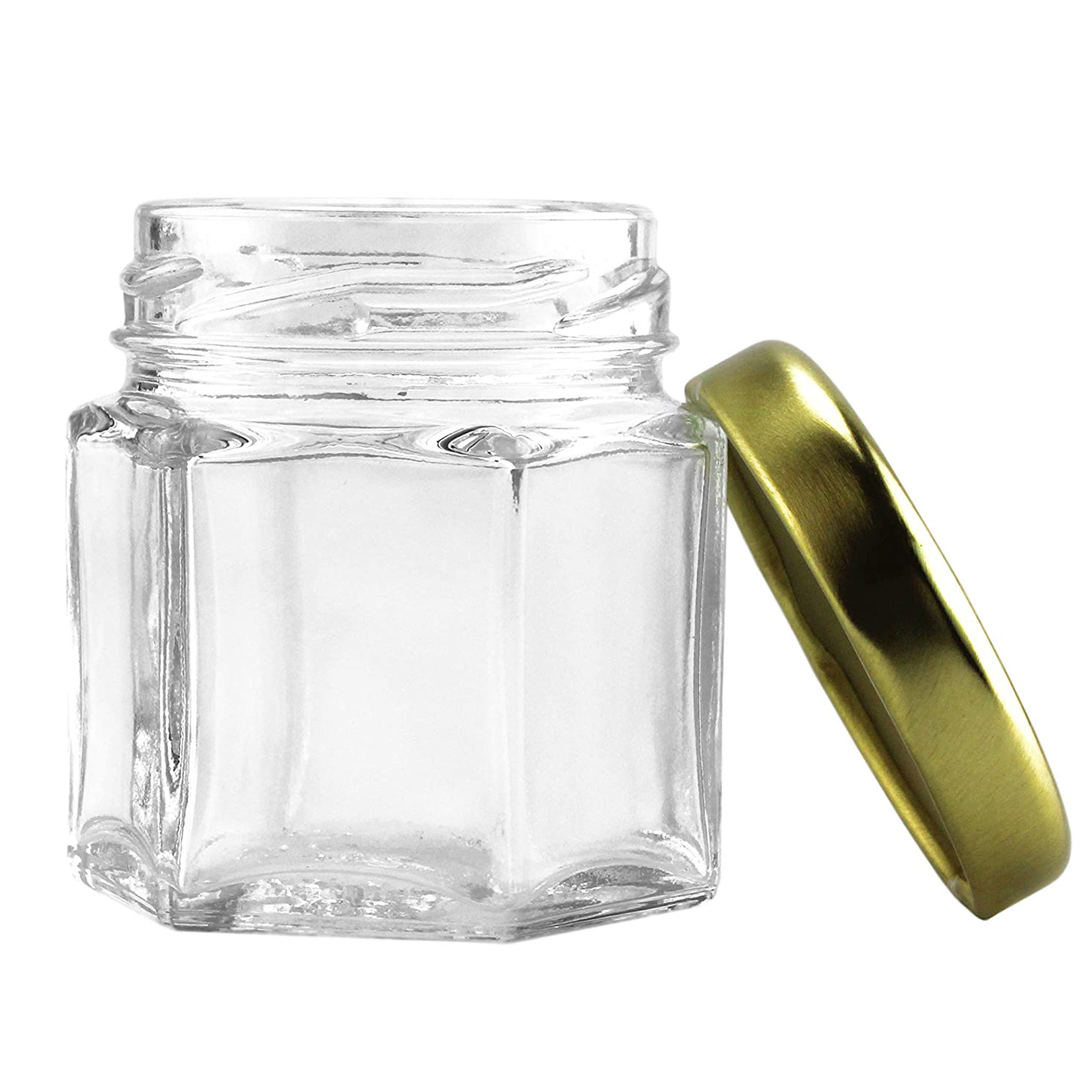 Cornucopia Mini Hexagon Glass Jars (1.5oz, 48-Pack); Tiny Hex Jars with Gold Lids for Spices, Gifts, Party Favors, DIY and More, 3-Tablespoon Capacity