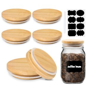 bamboo mason jar lids regular mouth storage canning jar lids, 6 pack lids with decorative chalkboard labels and pen for regular mouth mason jar