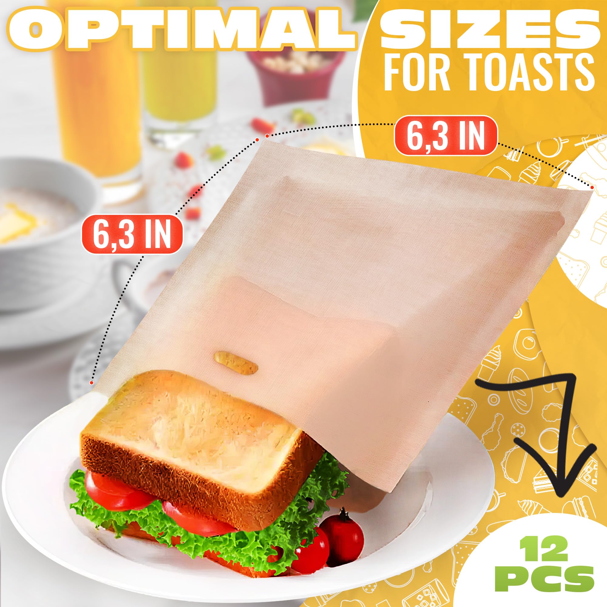 12pcs Non Stick Reusable Toaster Bags - Toaster Sandwich Bags Grilled Cheese Toaster Bags Reusable Bags for Food - Fiberglass Heat Resistant Toaster Bags for Grilled Cheese Sandwiches, Toaster Sleeves