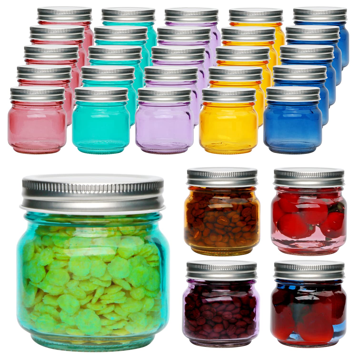 Accguan Mason Jars, 8oz Colored Glass Jars with Silver Lid,Ideal for Jam,Honey,Wedding Favors,Shower Favors, 30 PACK