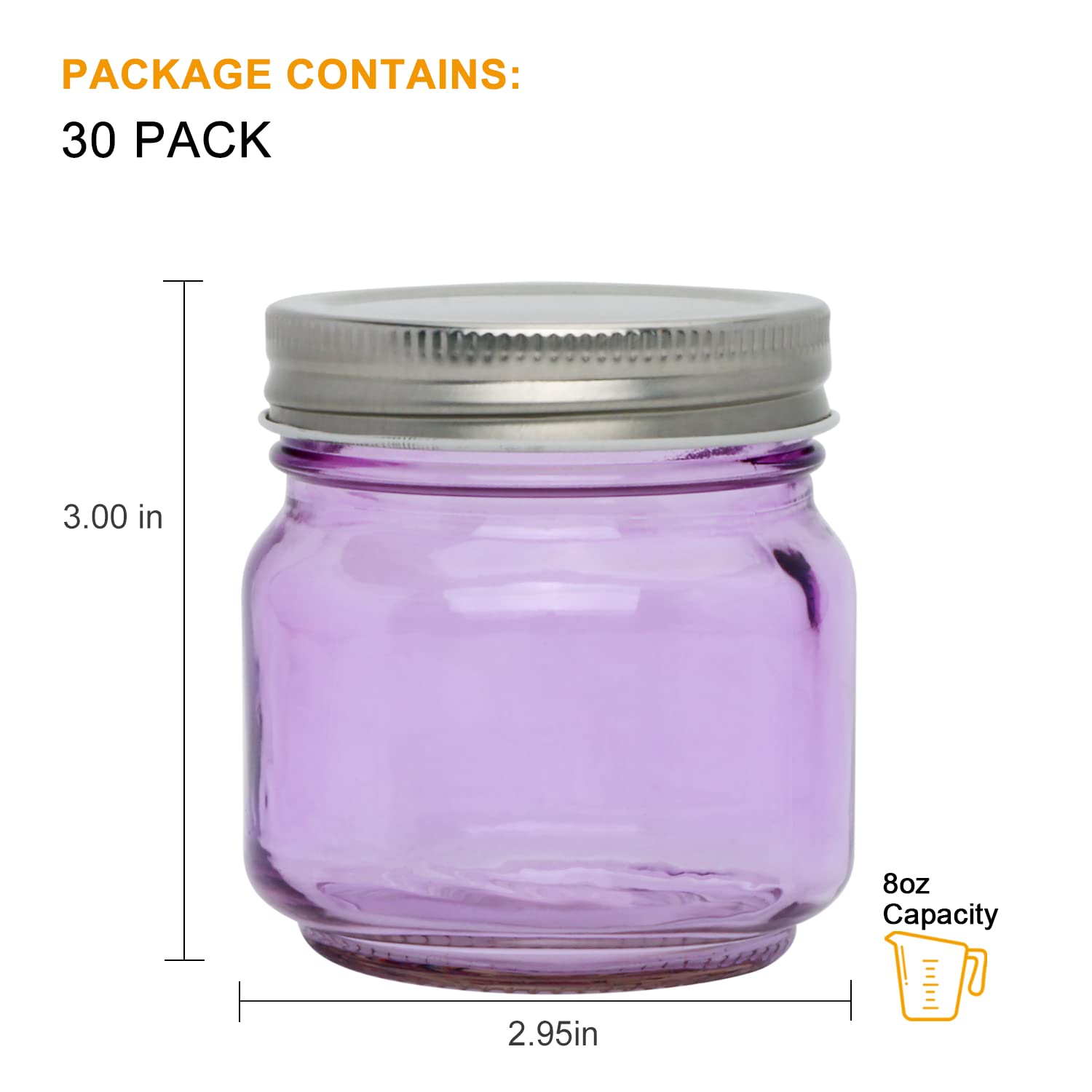 Accguan Mason Jars, 8oz Colored Glass Jars with Silver Lid,Ideal for Jam,Honey,Wedding Favors,Shower Favors, 30 PACK