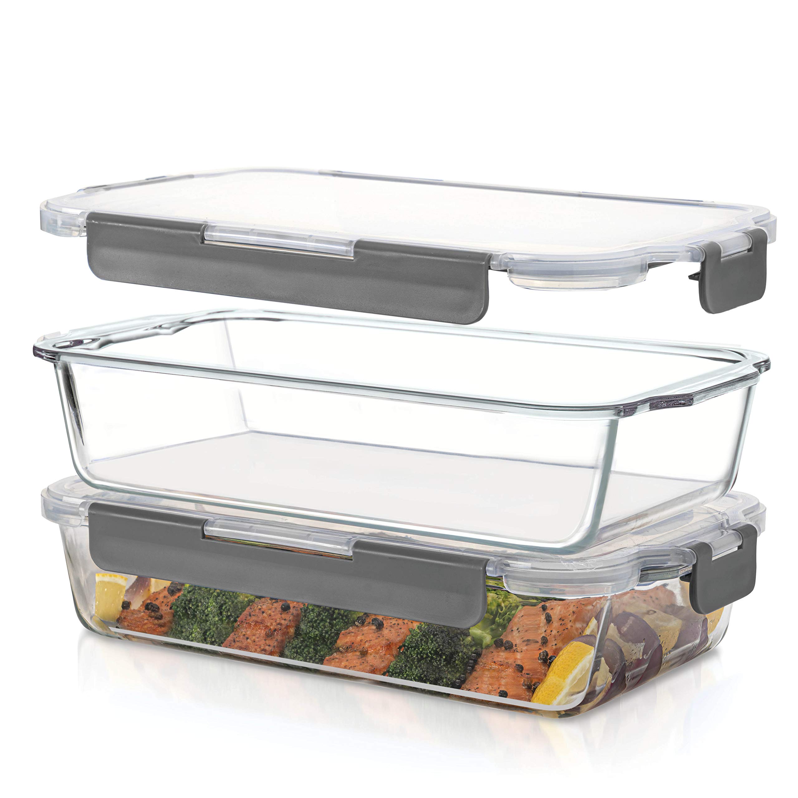 Superior Glass Casserole Dish with lid - 2-Piece Glass Bakeware And Glass Food Storage Set - 100% Leakproof Casserole Dish set with Hinged BPA-free Locking lids - Freezer-to-Oven-Safe Baking Dish Set.