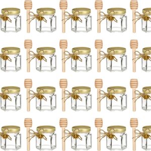 Adabocute 20 Pack Mini Honey Jars - Elegant Glass Honey Pot With Honey Dipper, Gold Lid, Bee Pendants and Jutes - Perfect For Baby Shower Favors, Wedding Favors