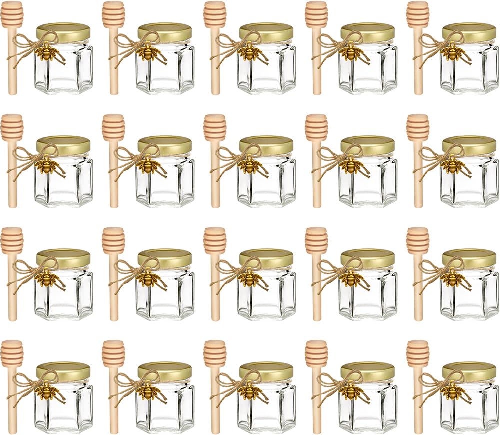 Adabocute 20 Pack Mini Honey Jars - Elegant Glass Honey Pot With Honey Dipper, Gold Lid, Bee Pendants and Jutes - Perfect For Baby Shower Favors, Wedding Favors