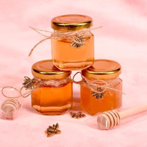 Adabocute 20 Pack Mini Honey Jars - Elegant Glass Honey Pot With Honey Dipper, Gold Lid, Bee Pendants and Jutes - Perfect For Baby Shower Favors, Wedding Favors