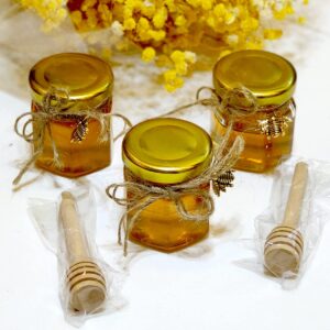 Adabocute 20 Pack Mini Honey Jars - Elegant Glass Honey Pot With Honey Dipper, Gold Lid, Bee Pendants and Jutes - Perfect For Baby Shower Favors, Wedding Favors