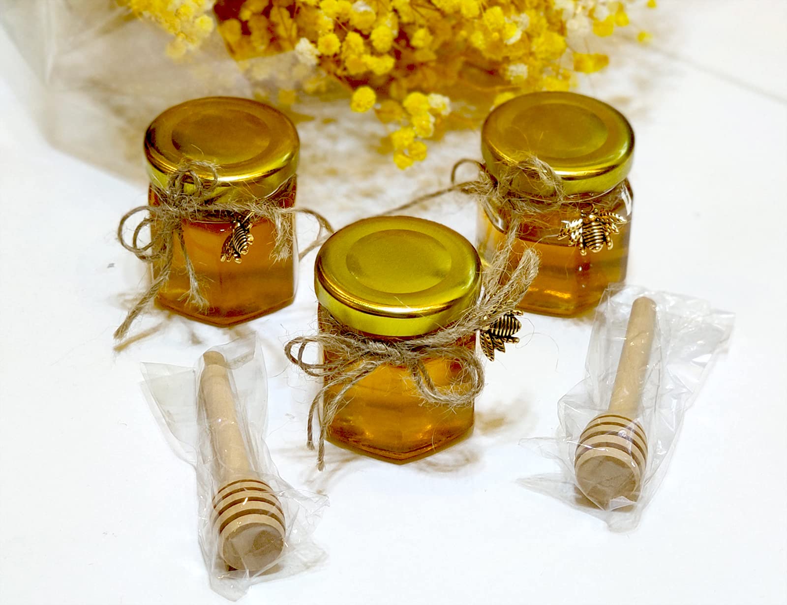 Adabocute 20 Pack Mini Honey Jars - Elegant Glass Honey Pot With Honey Dipper, Gold Lid, Bee Pendants and Jutes - Perfect For Baby Shower Favors, Wedding Favors