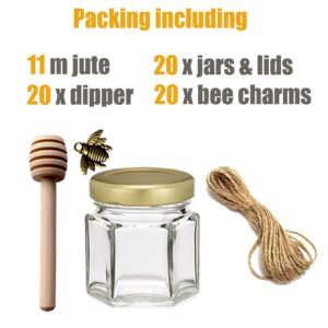 Adabocute 20 Pack Mini Honey Jars - Elegant Glass Honey Pot With Honey Dipper, Gold Lid, Bee Pendants and Jutes - Perfect For Baby Shower Favors, Wedding Favors