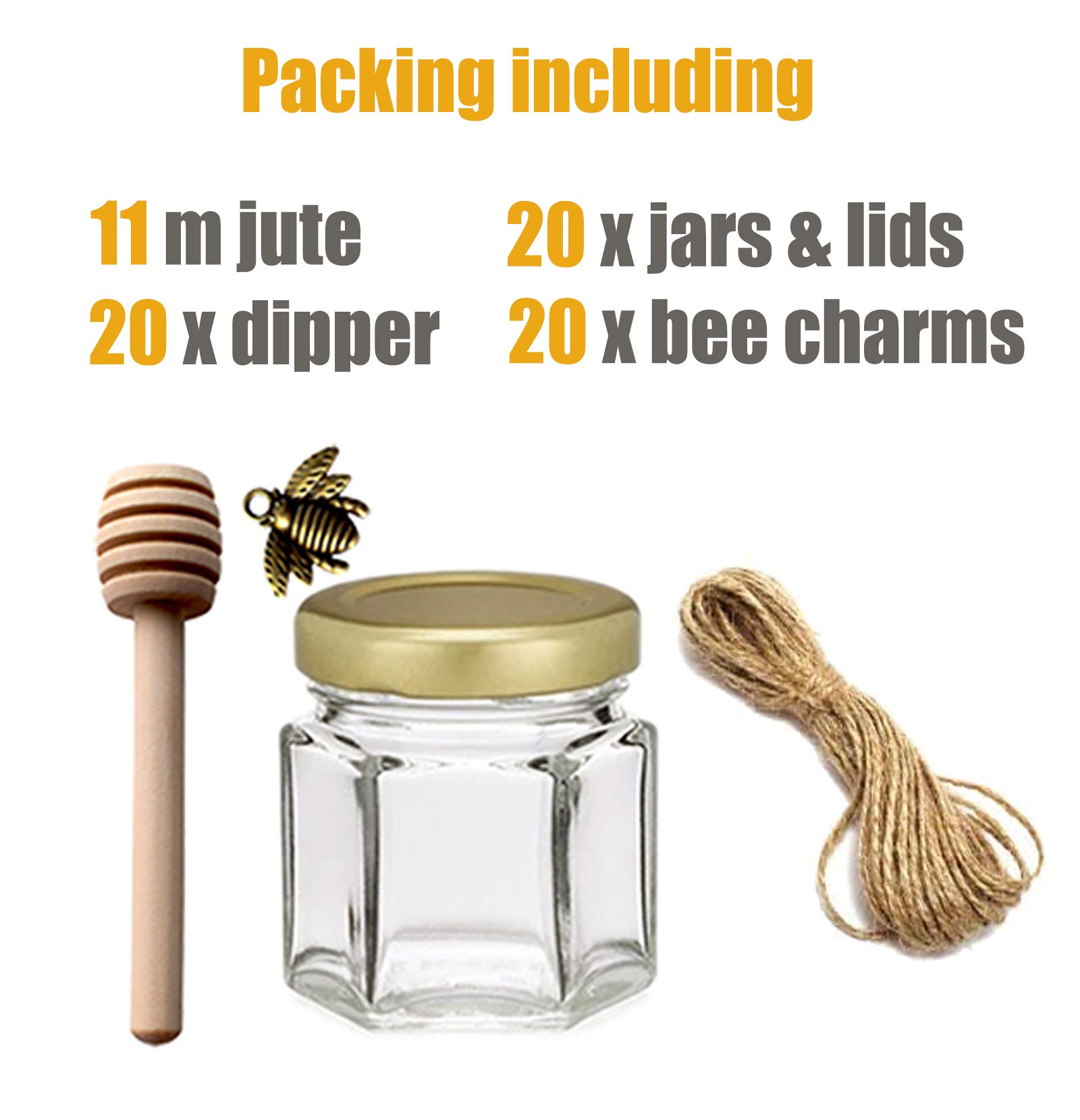 Adabocute 20 Pack Mini Honey Jars - Elegant Glass Honey Pot With Honey Dipper, Gold Lid, Bee Pendants and Jutes - Perfect For Baby Shower Favors, Wedding Favors