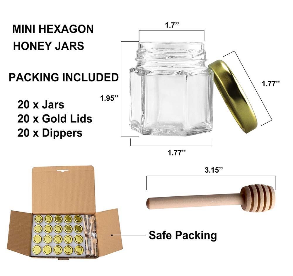 Adabocute 20 Pack Mini Honey Jars - Elegant Glass Honey Pot With Honey Dipper, Gold Lid, Bee Pendants and Jutes - Perfect For Baby Shower Favors, Wedding Favors