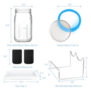 Sprouting Jars, Sprout Growing Kit Including Wide Mouth Mason Jars, Sprout Lids, Blackout Sleeves, Tray and Stander, Sprouts Growing Kit for Microgreens Alfalfa Broccoli