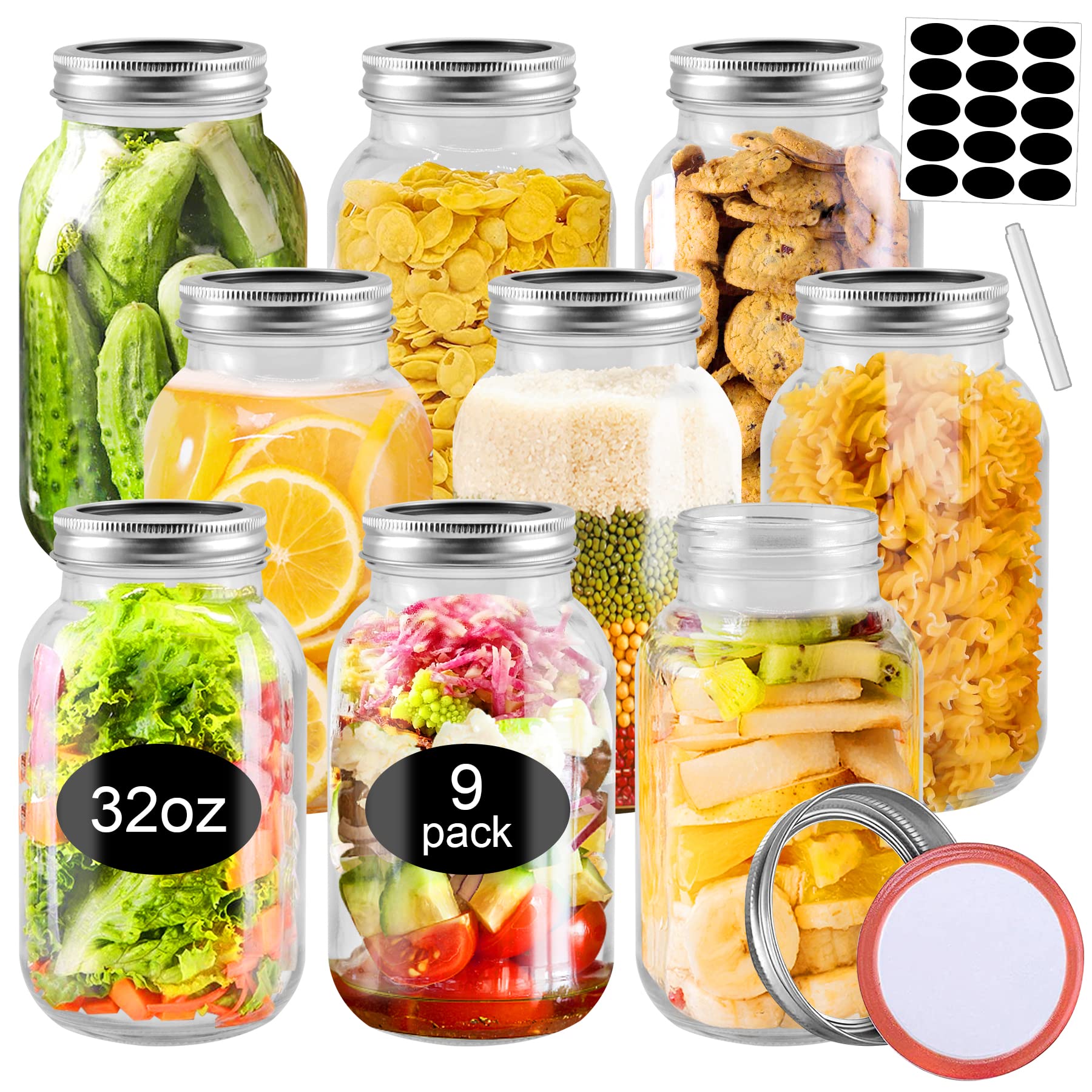 SLifeJars 32 oz 9 Pcs Mason Jars with Regular Metal Airtight Lids and Bands, Clear Quart Canning Jars, Large Mason Jars for Jam, Salads, Pickling, Jelly, Overnight Oats, Fruit