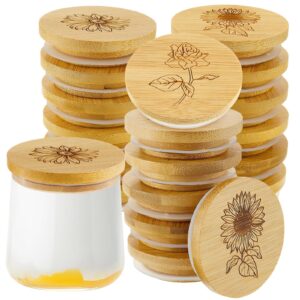 Yogurt Jar Lids Round Reusable Bamboo Jar Lids Creative Wooden Lids Decorative Bamboo Lids with Silicone Sealing Rings Compatible with Oui Yogurt Jars for Coffee Cookie Supplies (18 Pieces)