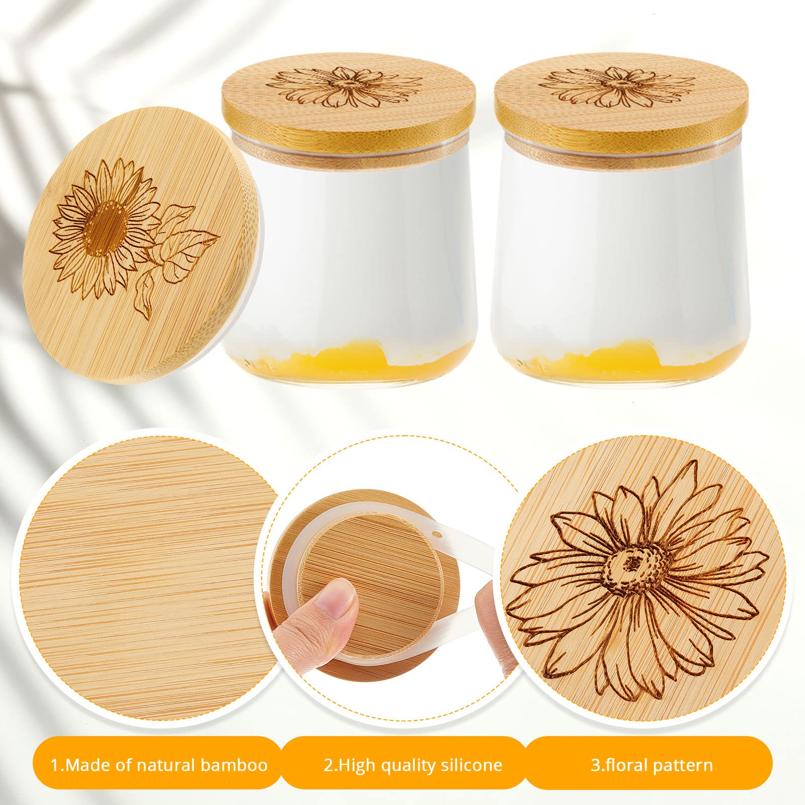 Yogurt Jar Lids Round Reusable Bamboo Jar Lids Creative Wooden Lids Decorative Bamboo Lids with Silicone Sealing Rings Compatible with Oui Yogurt Jars for Coffee Cookie Supplies (18 Pieces)