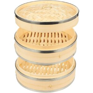 juvale 2-tier 10 inch bamboo steamer basket with steel rings - large capacity dumpling, vegetable steamer basket (10x6.5x10 in)
