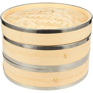 Juvale 2-Tier 10 Inch Bamboo Steamer Basket with Steel Rings - Large Capacity Dumpling, Vegetable Steamer Basket (10x6.5x10 in)